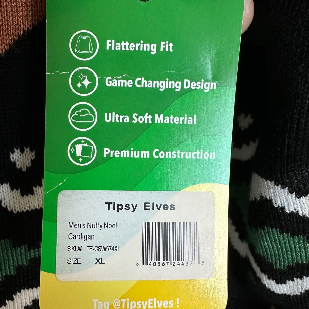 Tipsy Elves Mens Nutty Noel Cardigan Squirrel Christmas Sweater Black Green XL - Picture 8 of 9